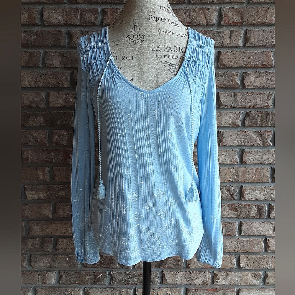 Lucky Brand Blue Boho Long Sleeve Top with Tassels Size Medium Medium.